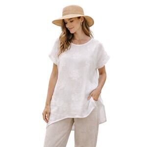 Terzo Millennio White Linen Embroidered Top Sz L Made in Italy Boho Tunic Blouse